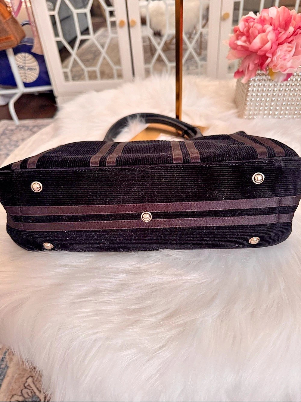 Long champ Black Velvet/Corduroy Striped Tote/Handbag - Picture 8 of 10